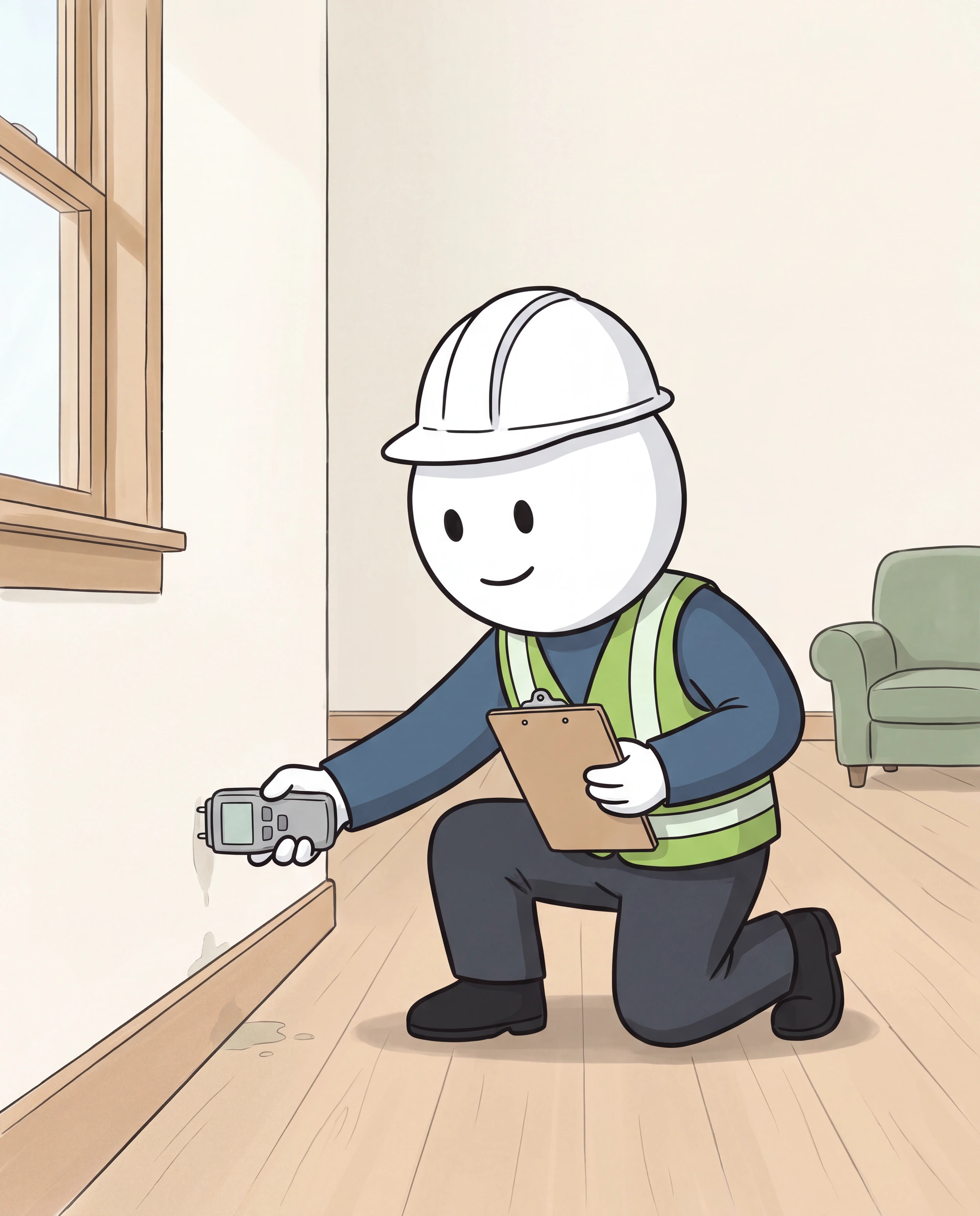 The illustrated ProDetect inspector kneels by a baseboard, holding a moisture meter against the wall.